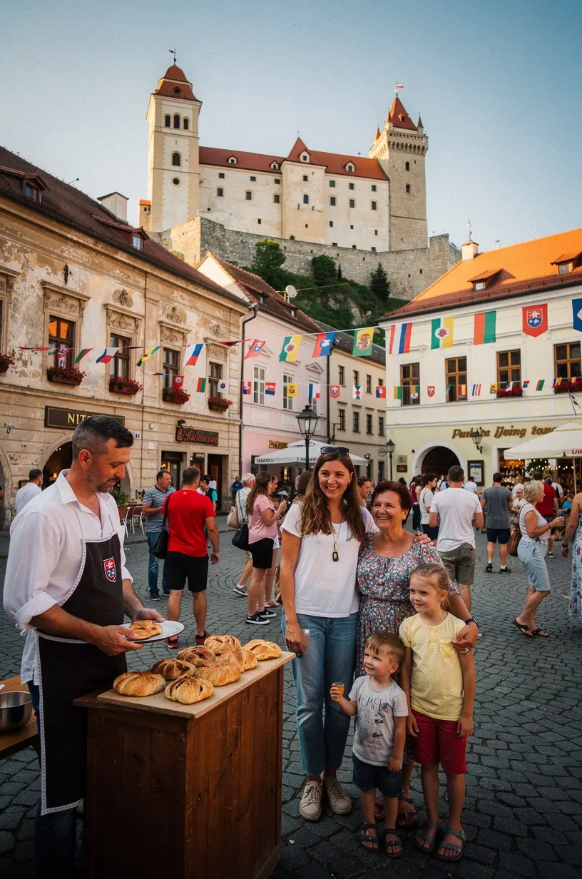 Súbor historických pamiatok v centre Trenčína s výhľadom na hradný komplex a mestskú vežu.